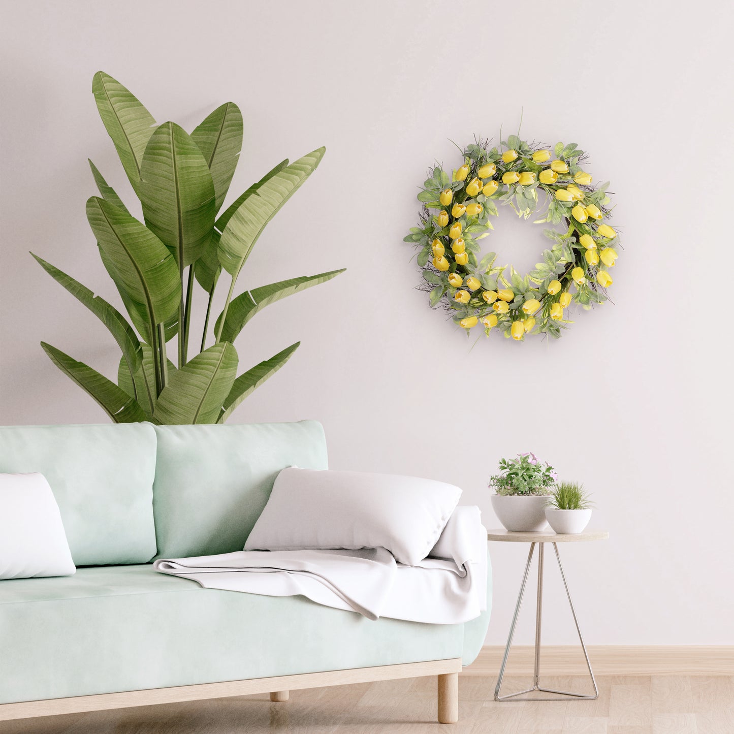 30" Artificial Tulip Floral Spring Wreath With Green Leaves