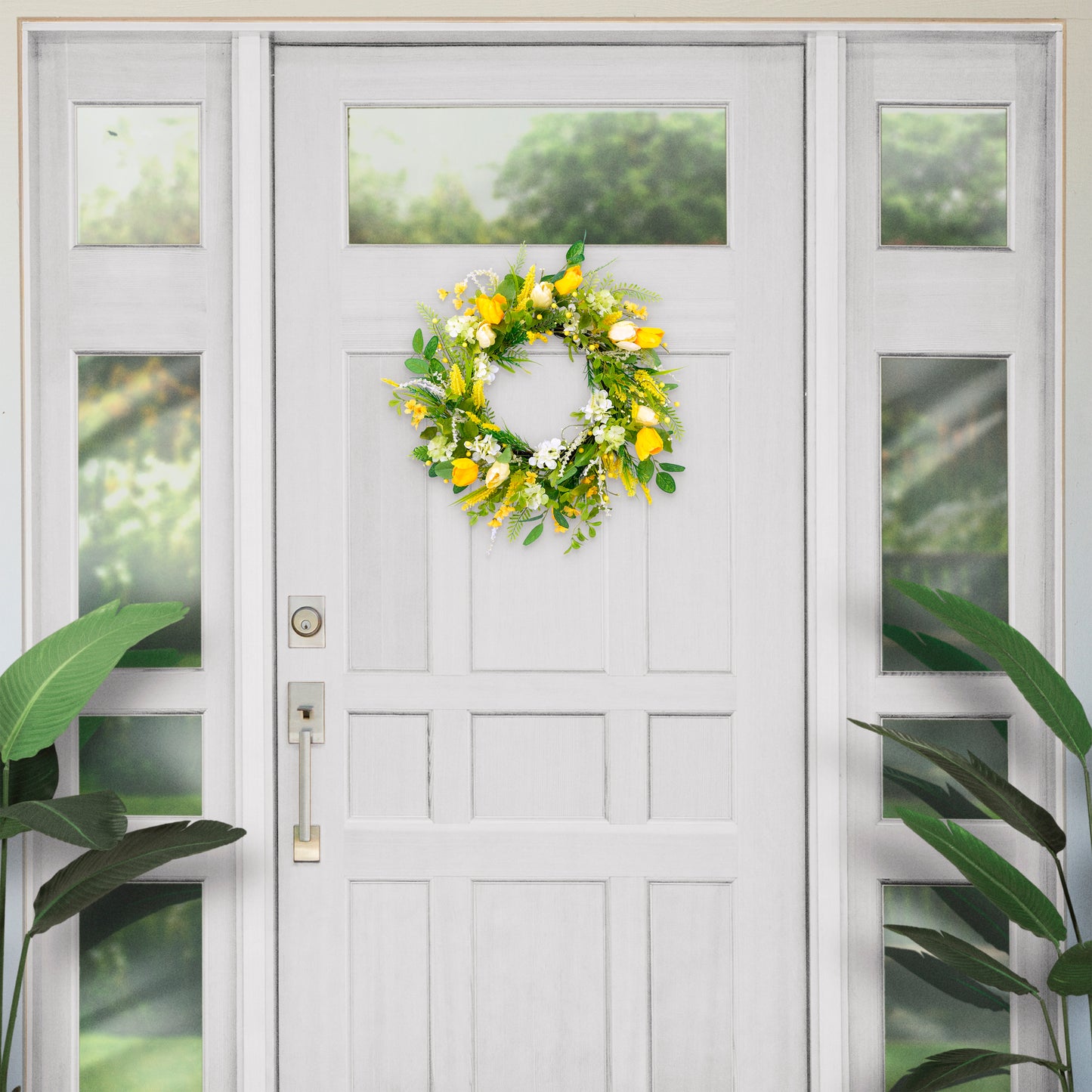 Puleo International 24" Artificial Tulip Floral Spring Door Wreath, Green/Yellow