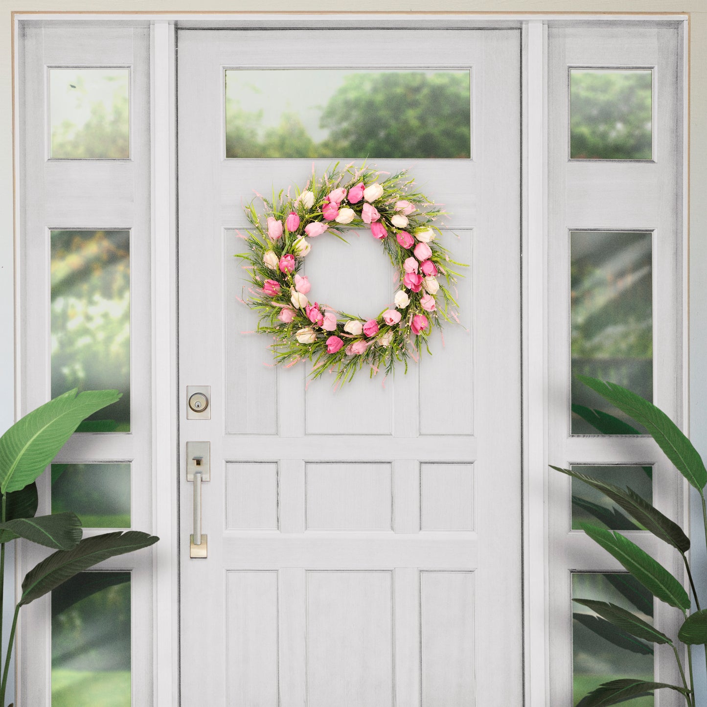 Puleo International 30" Artificial Tulip Floral Spring Door Wreath, Green/Pink