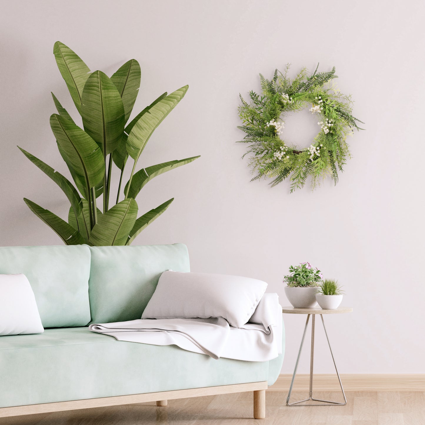 24" Artificial Babysbreath Floral Spring Wreath With Green Leaves