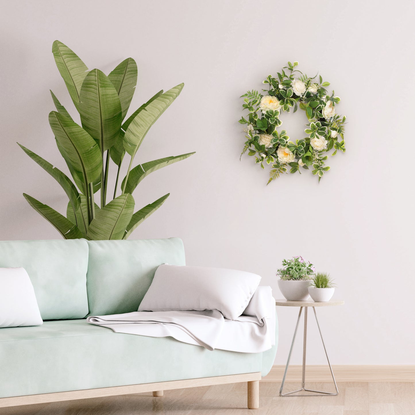 24" Artificial Camellia,Peony Floral Spring Wreath With Green Leaves