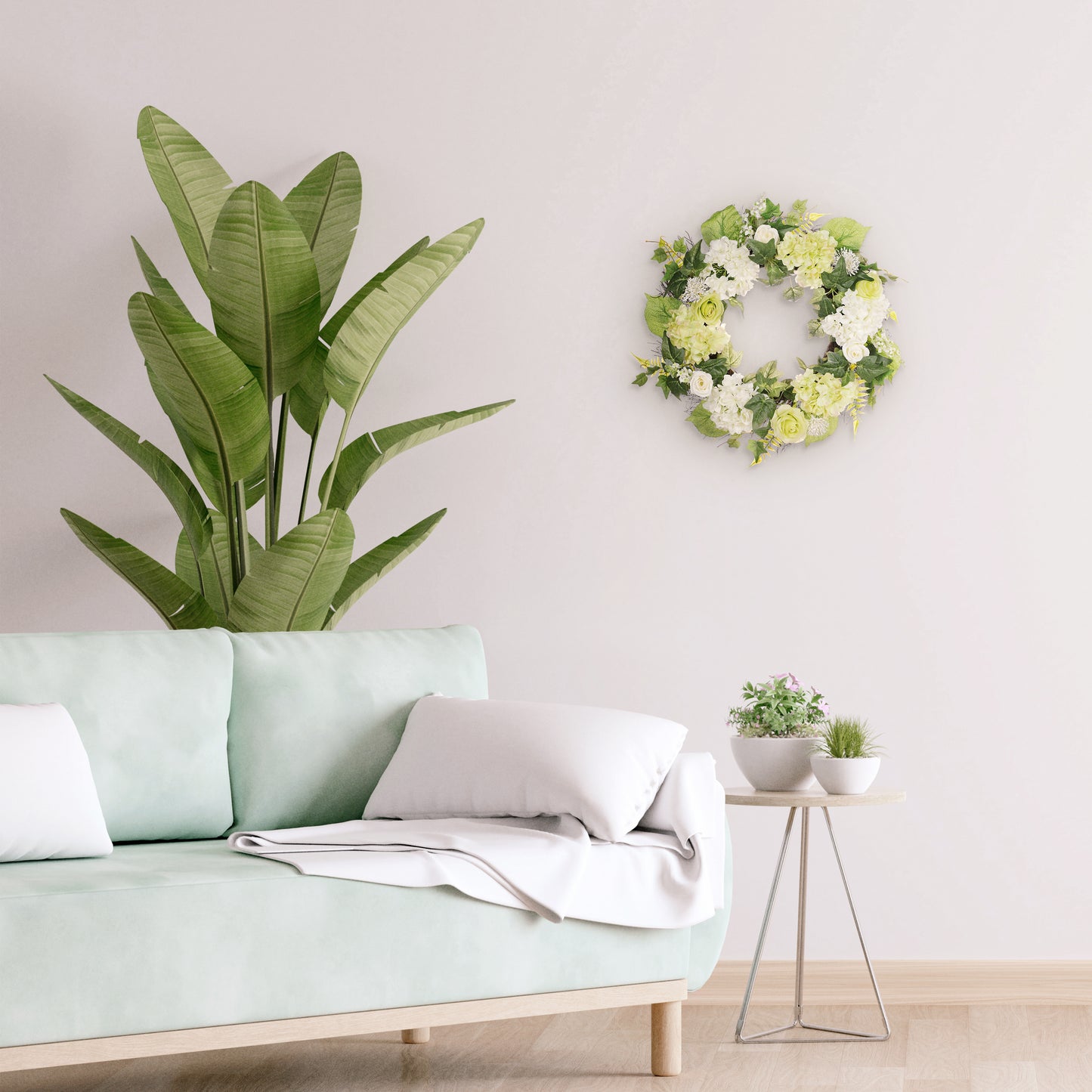 24" Artificial Hygrangea,Rose Floral Spring Wreath With Green Leaves