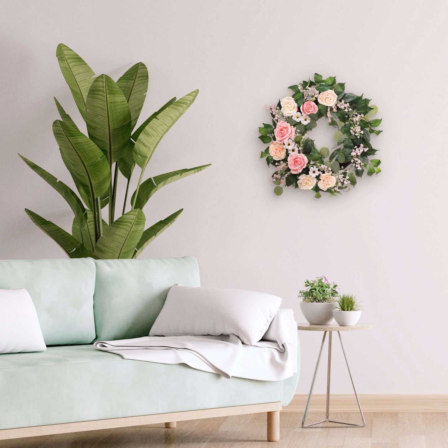 24" Artificial Rose,Camellia,babysbreath Floral Spring Wreath With Green Leaves