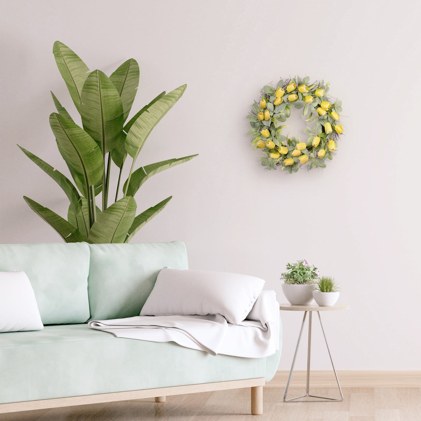 24" Artificial Tulip Floral Spring Wreath With Green Leaves