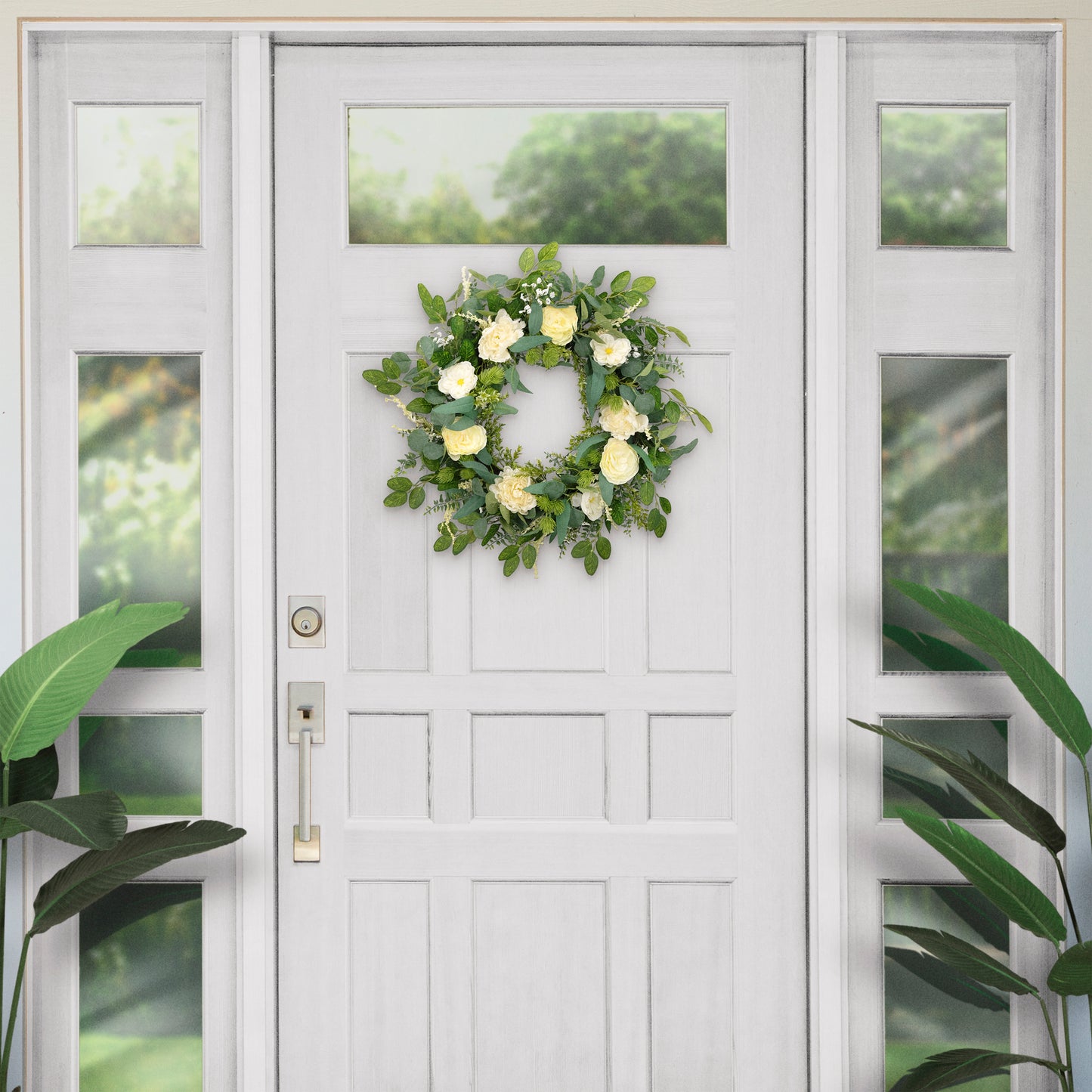 Puleo International 30" Artificial Eucalyptus Floral Spring Door Wreath, Green/Ivory