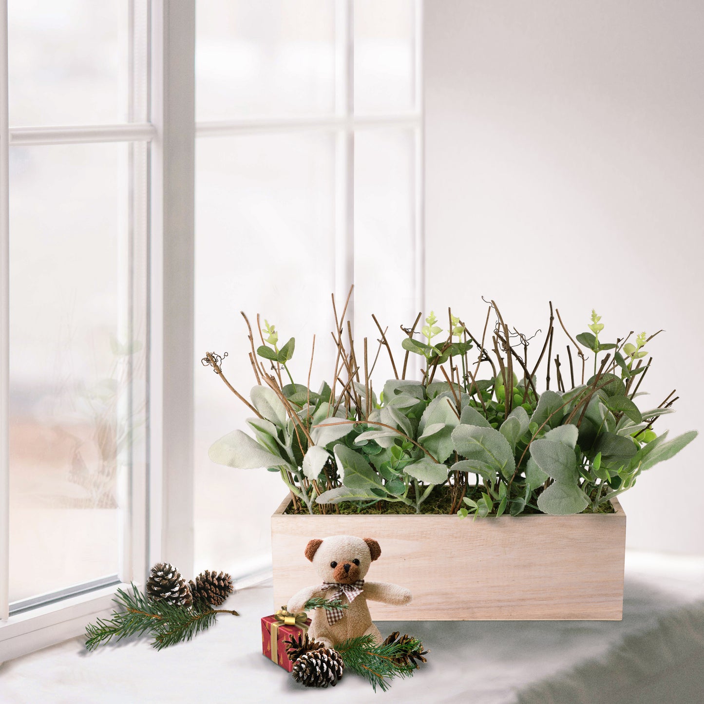 11" Lambs Ear Centerpiece with Twigs & Greenery Leaves in Wood Planter