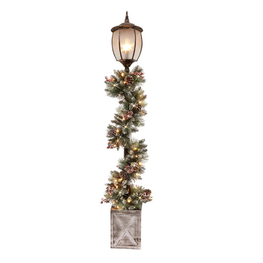 7' Lamp Post with Decorated Garland and 50 Warm White LED Lights