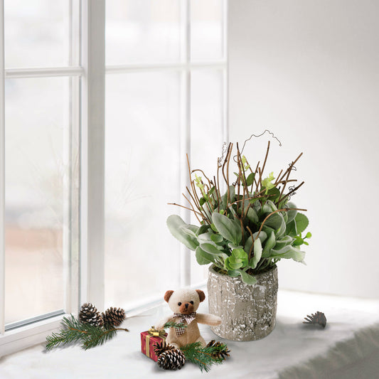 11" Lambs Ear Potted Plant With Twig & Greenery Leaves