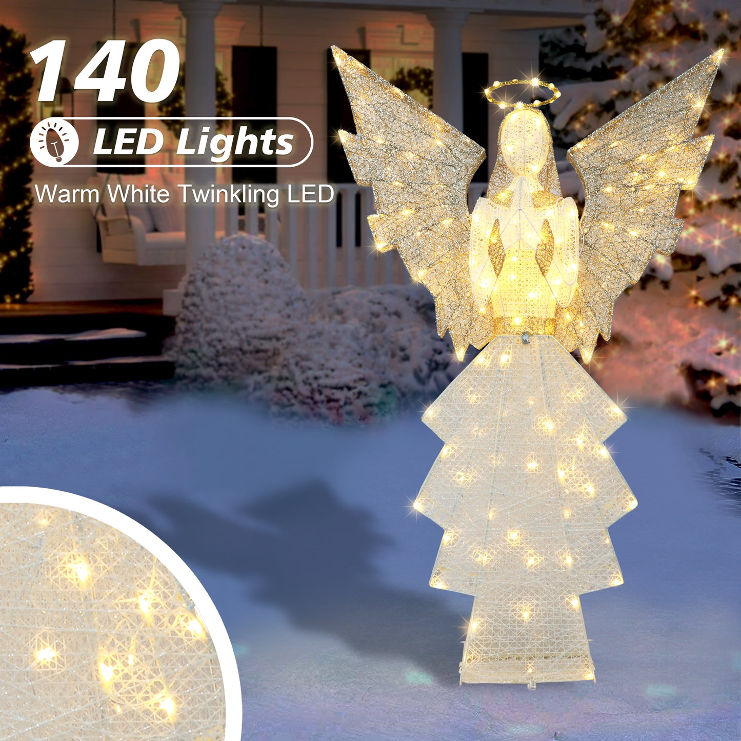 60" Outdoor Lighted Angel with 140 Lights, Gold/White