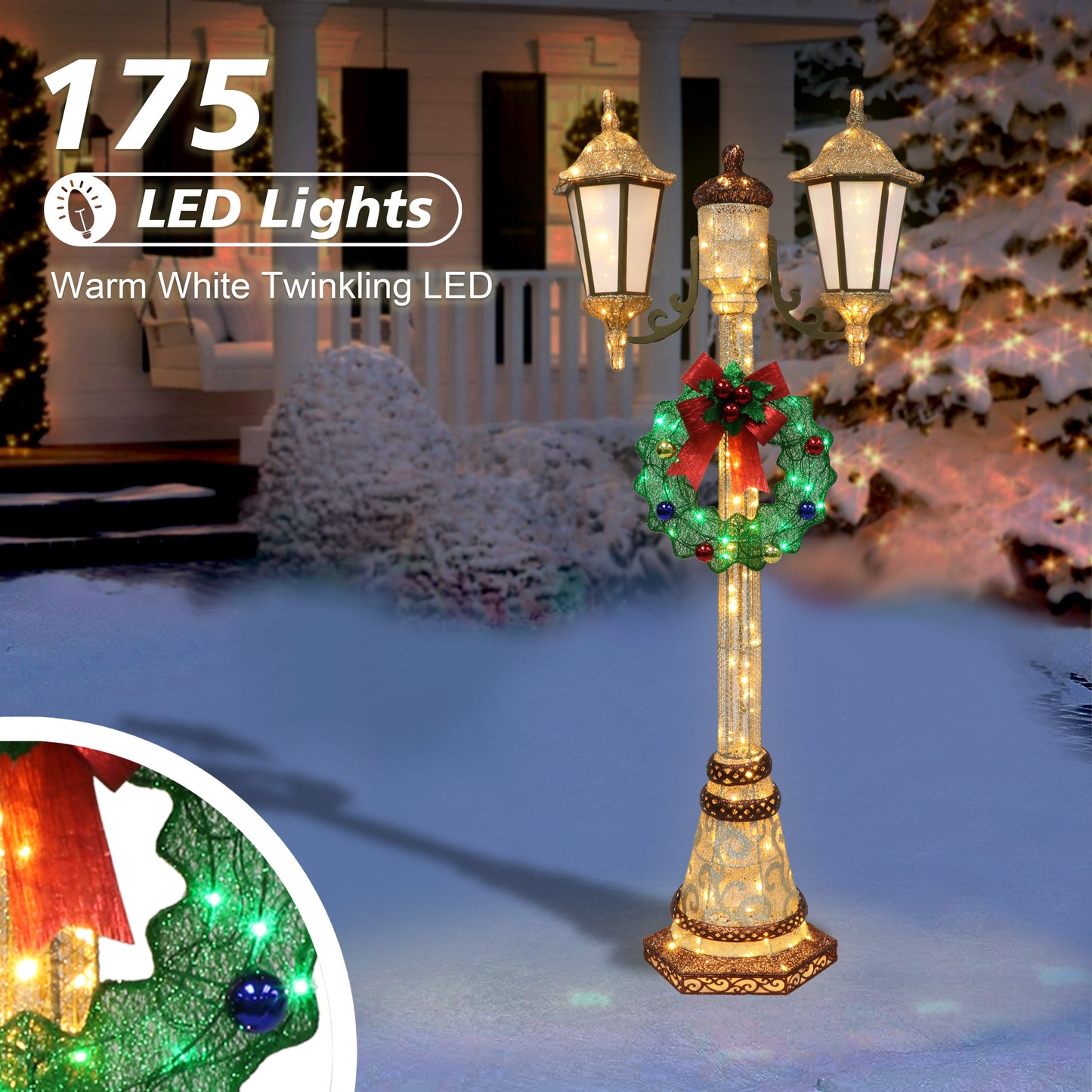 72" Lighted Lamp Post with 35 Twinkling Lights, Gold/Green