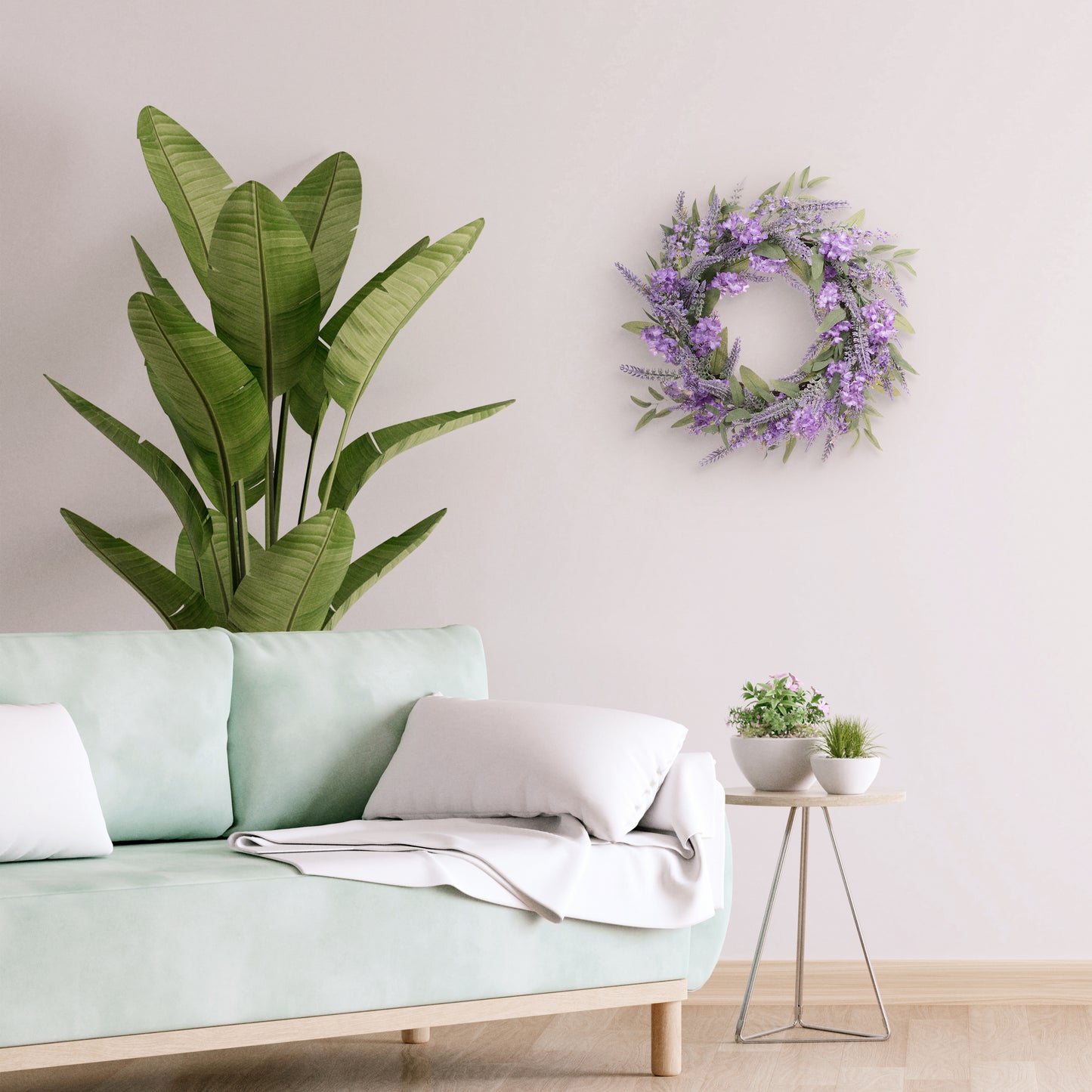 24" Artificial Lavender Floral Spring Wreath With Green Leaves