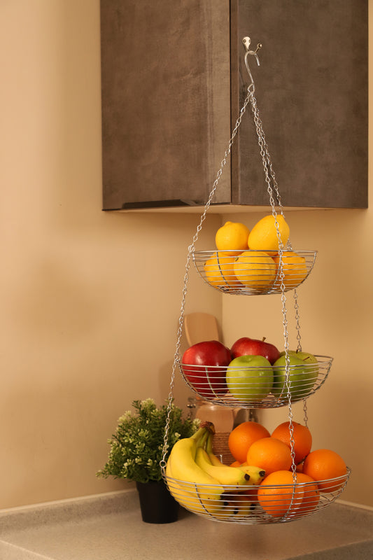 3 Tier Hanging Metal Basket in Silver/Chrome