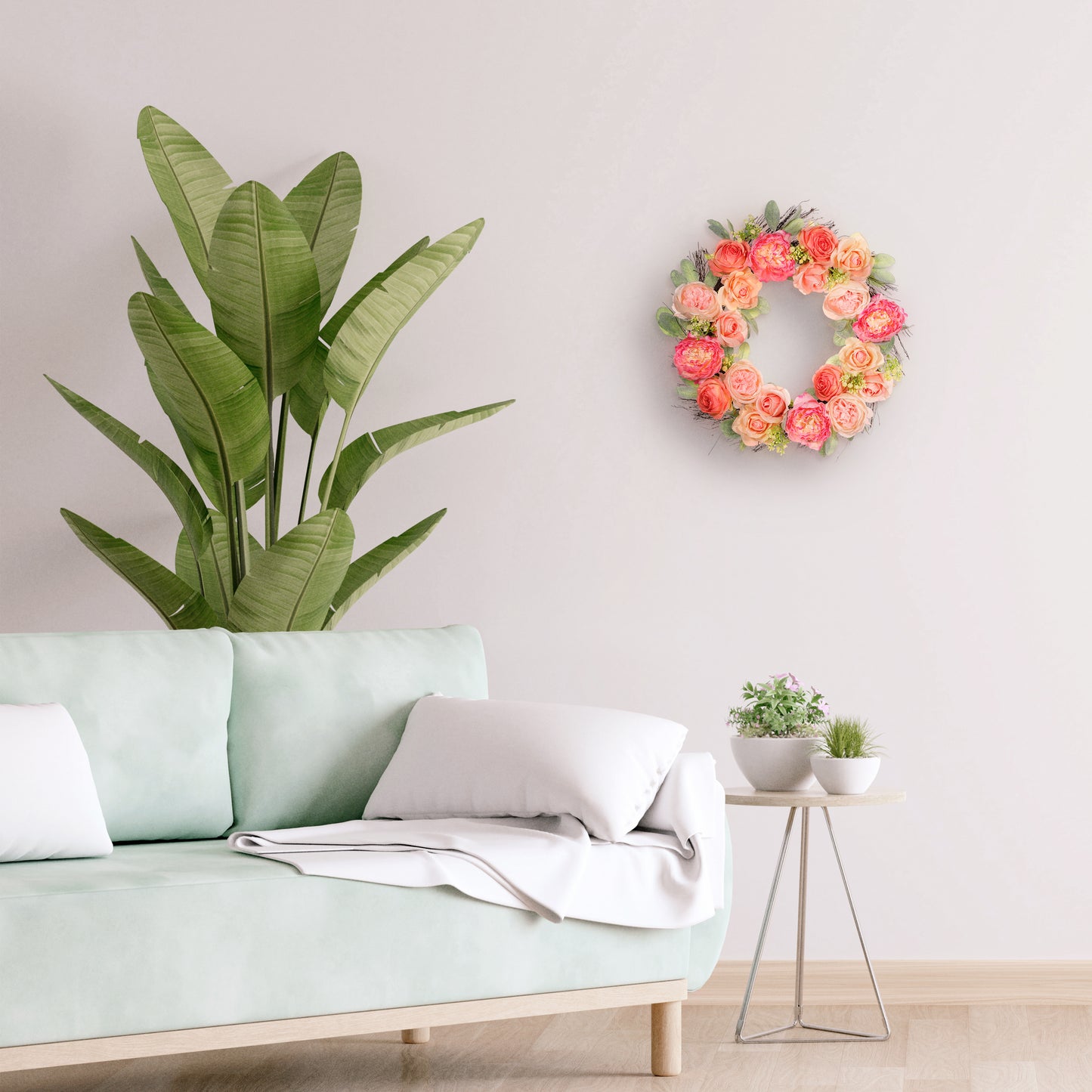 24" Artificial Peony,Rose Floral Spring Wreath With Green Leaves