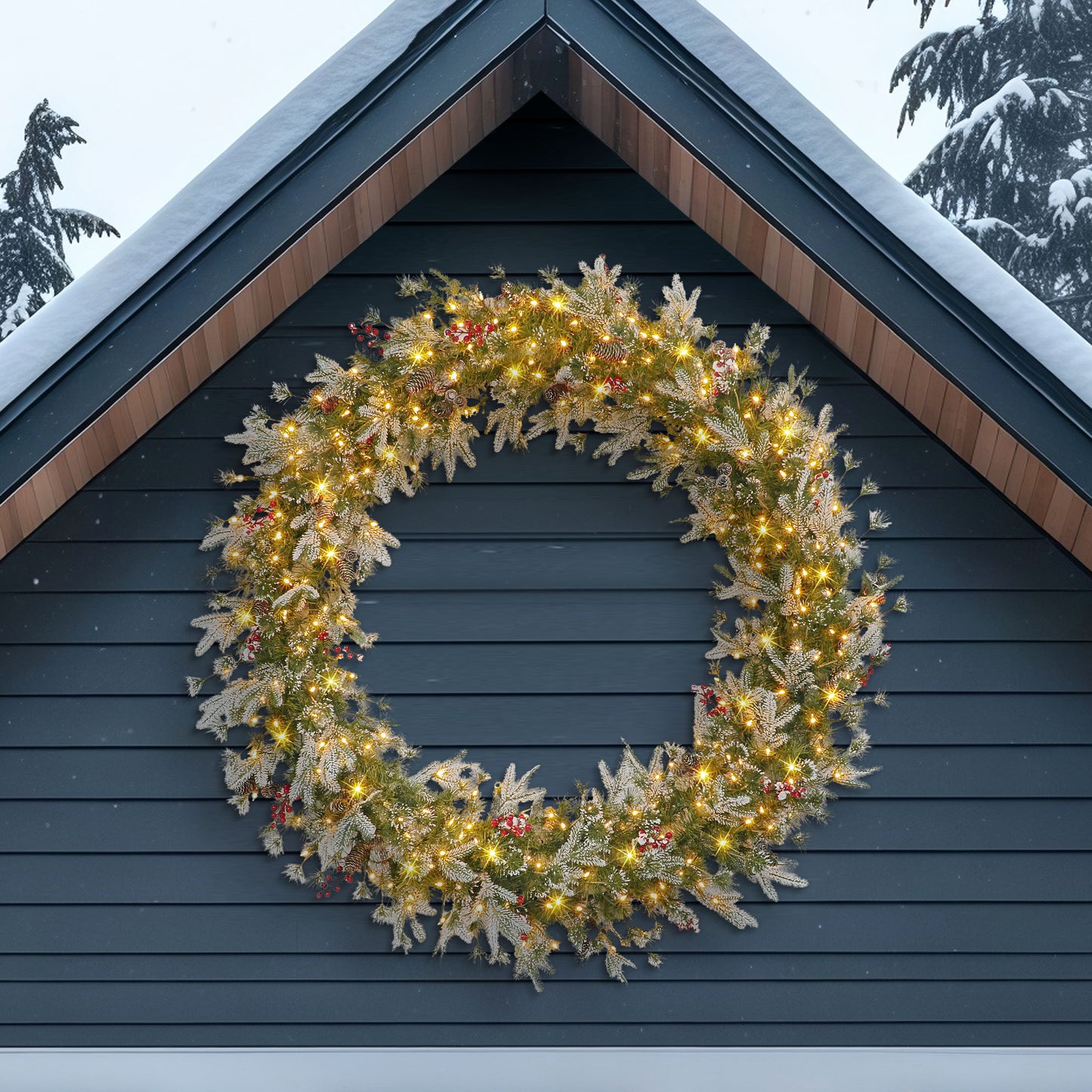 60 in Pre-Lit Glittery PE/PVC Wreath, 700 Tips, Pine Cones, Berries, 300 UL Clear Lights