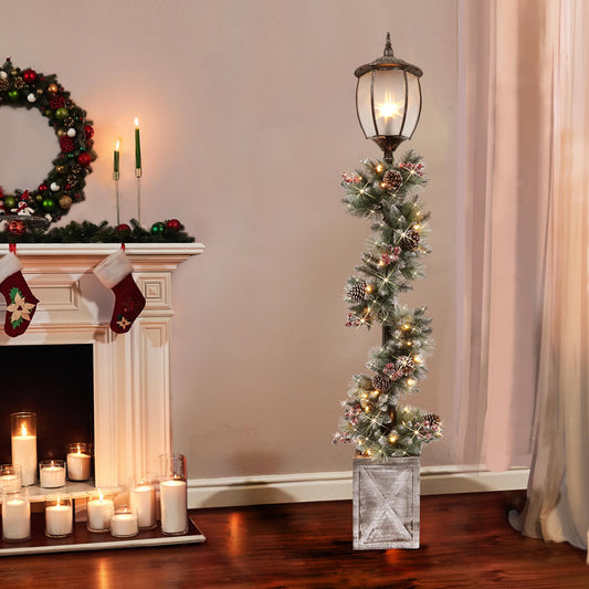 7' Lamp Post with Decorated Garland and 50 Warm White LED Lights