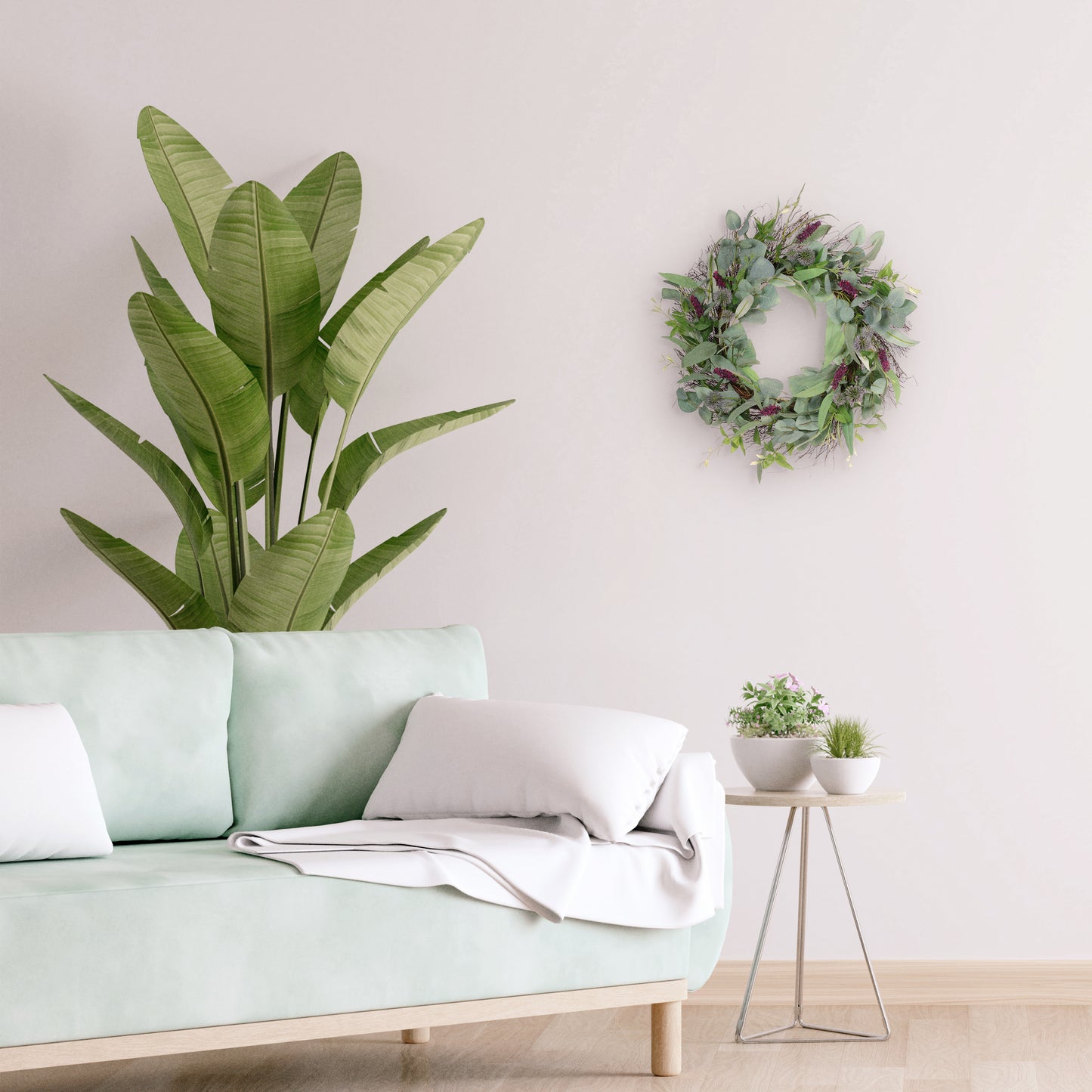 24" Artificial Lavender Floral Spring Wreath With Green Leaves