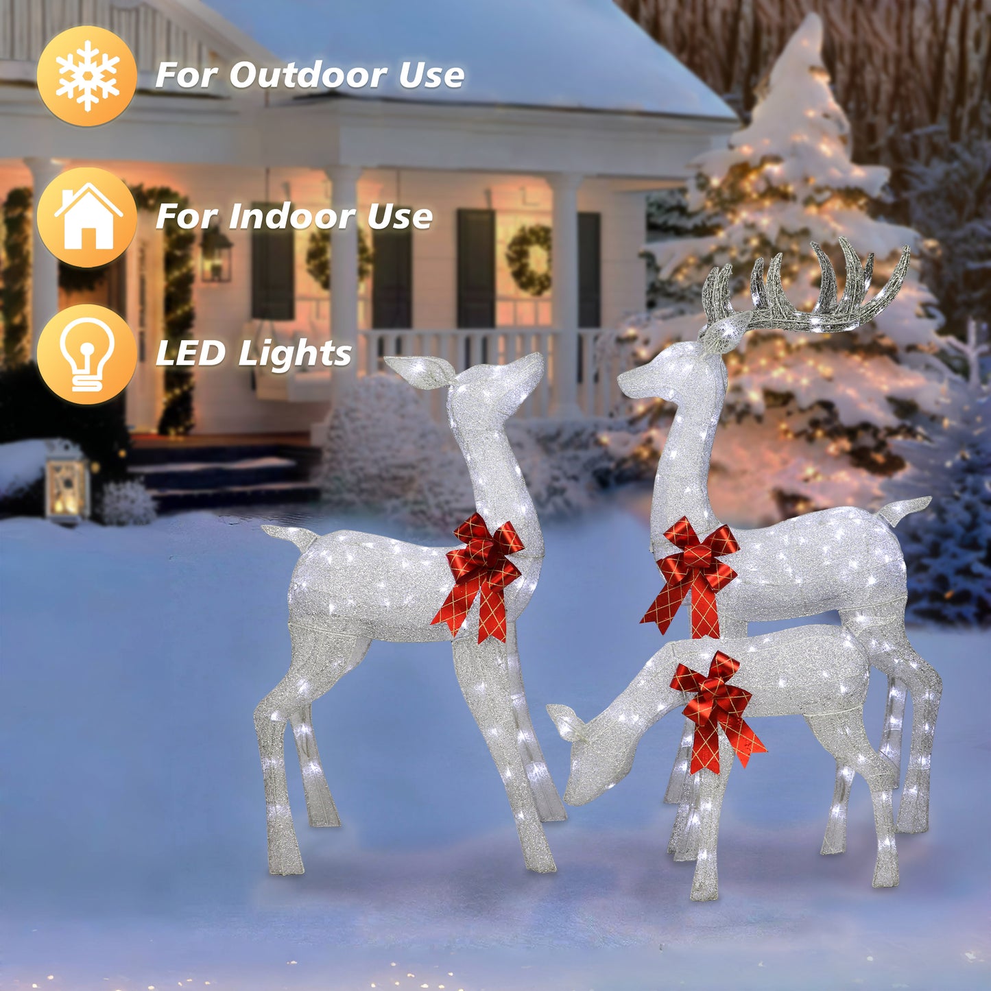 Lighted Outdoor 3-Piece Deer Family includes Buck Doe & Fawn Silver