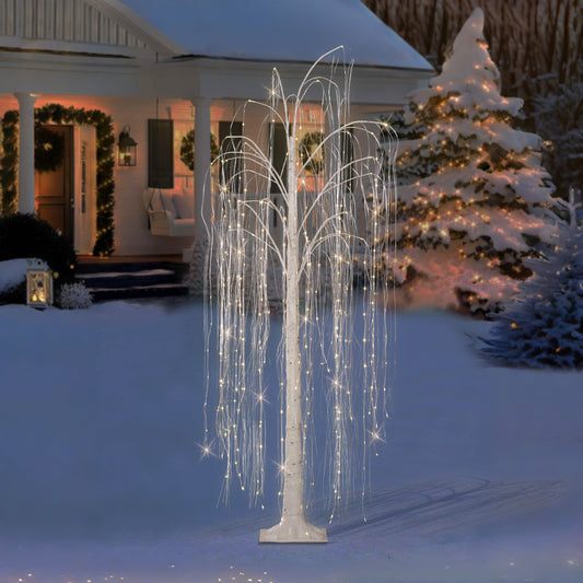6 ft Pre-Lit Outdoor Willow Tree With 360 Warm White Multi-Function Dual LED Lights Outdoor UL Adapter Stand Included