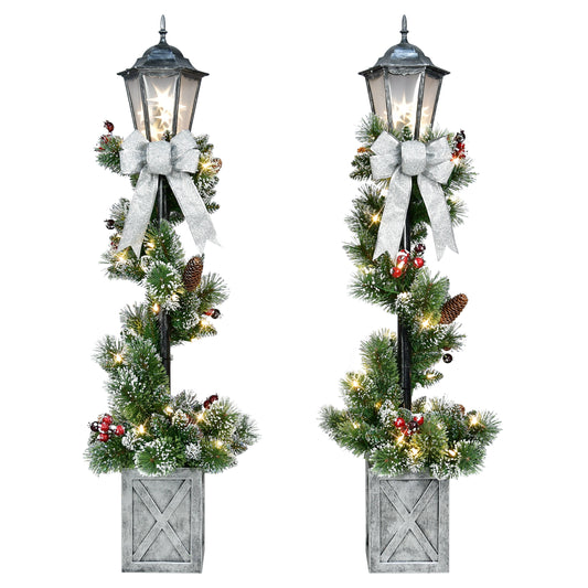 4' Set of 2 Pre-Lit Artificial Lamp Posts with Decorative Pot