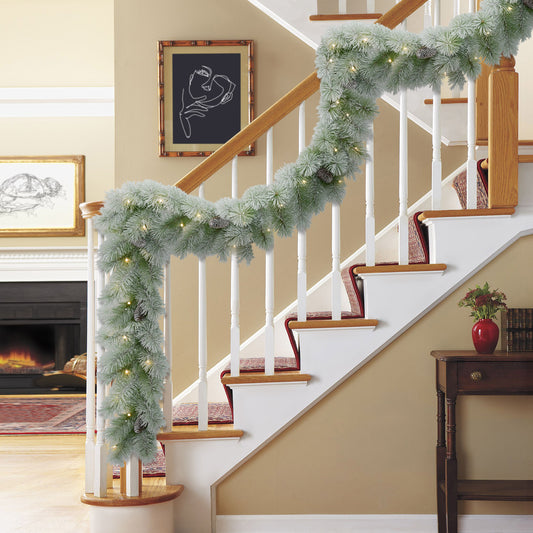 9ft x 10" Pre-lit B/O Flocked Garland, 76 Branch Tips, 40 Warm White LED Lights, Pinecones