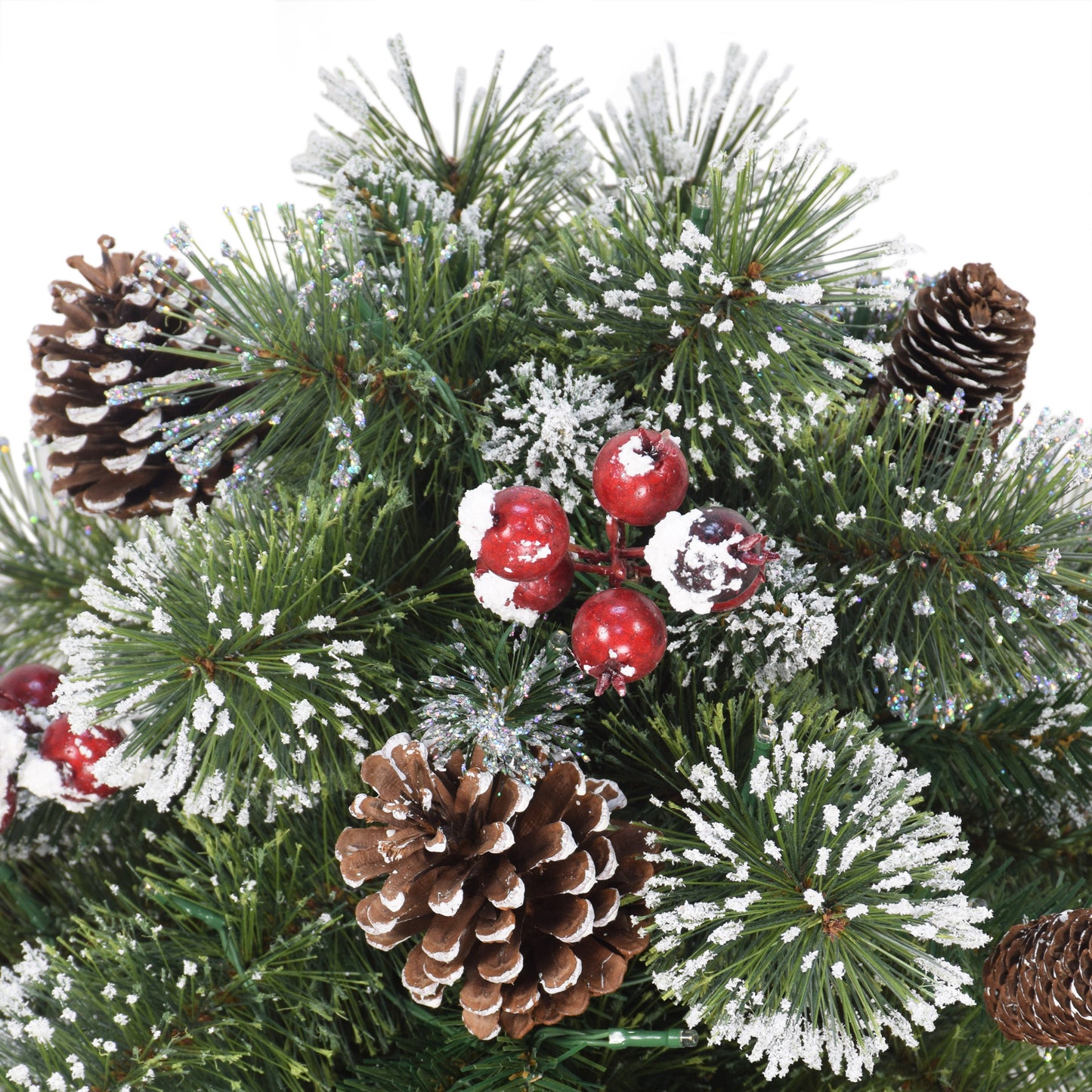 18" Snowy Urn Filler, 48 Tips, 35 B/O Warm White LED Lights (3 x AA batteries not included), On/Off Timer Function, Pine Cones & Berries