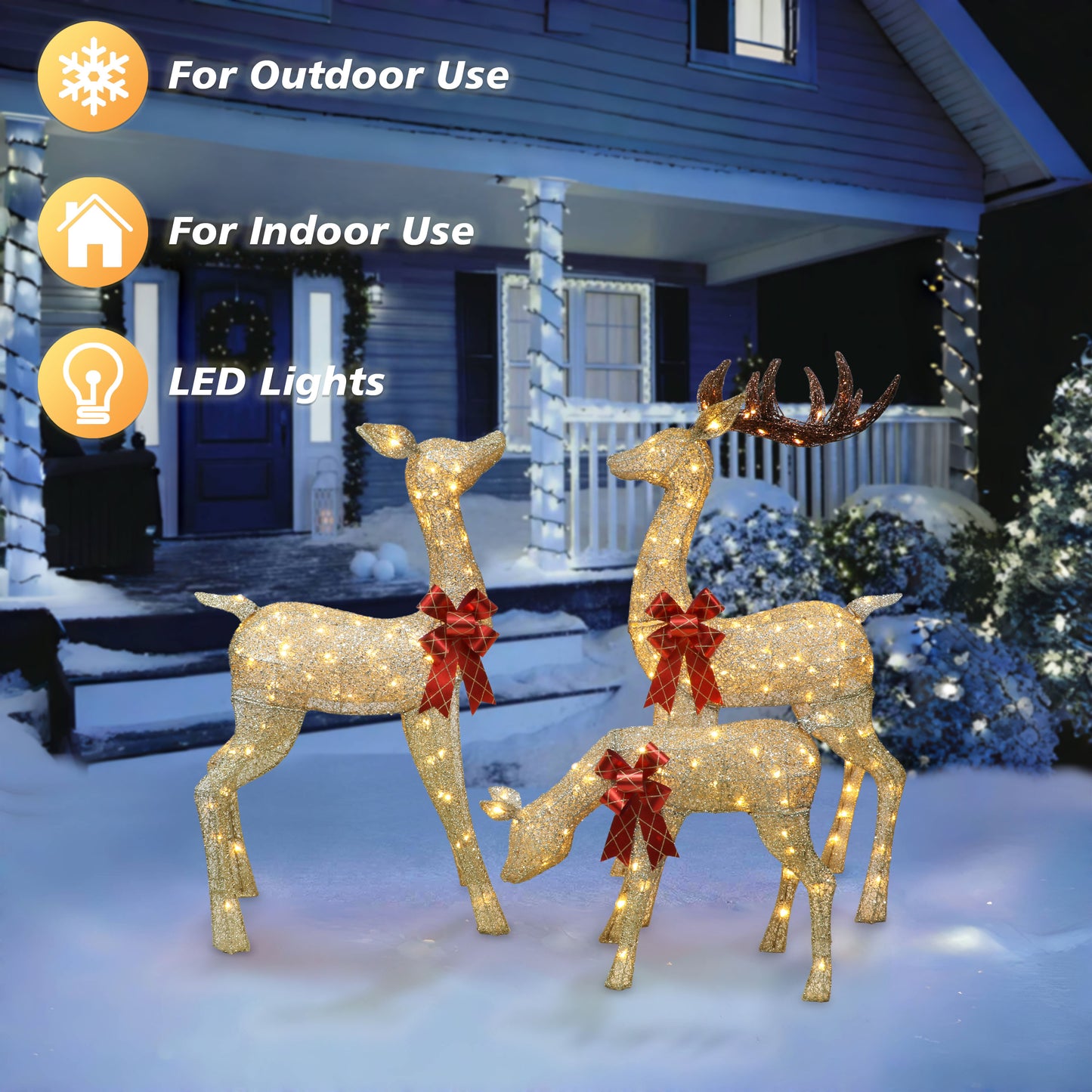 Set of 3 Deer Family with 210 Warm White LED Lights UL Adapter Outdoor or Indoor Use