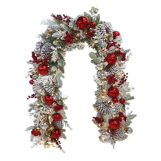 6' x 10" Battery-Operated Pre-Lit Flocked Decorated Artificial Garland