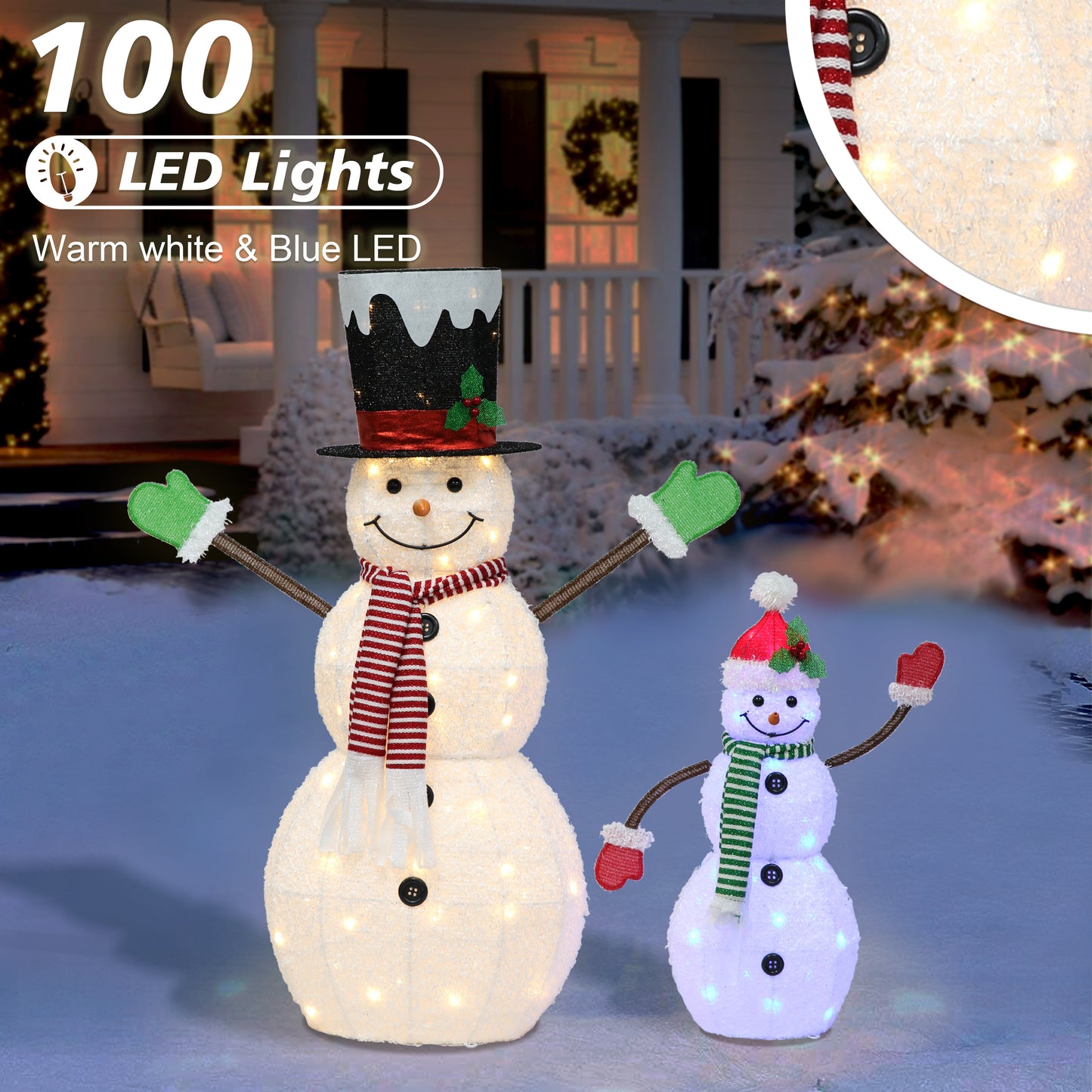 2-Piece Lighted Snowmen Set with 100 White and Blue Lights