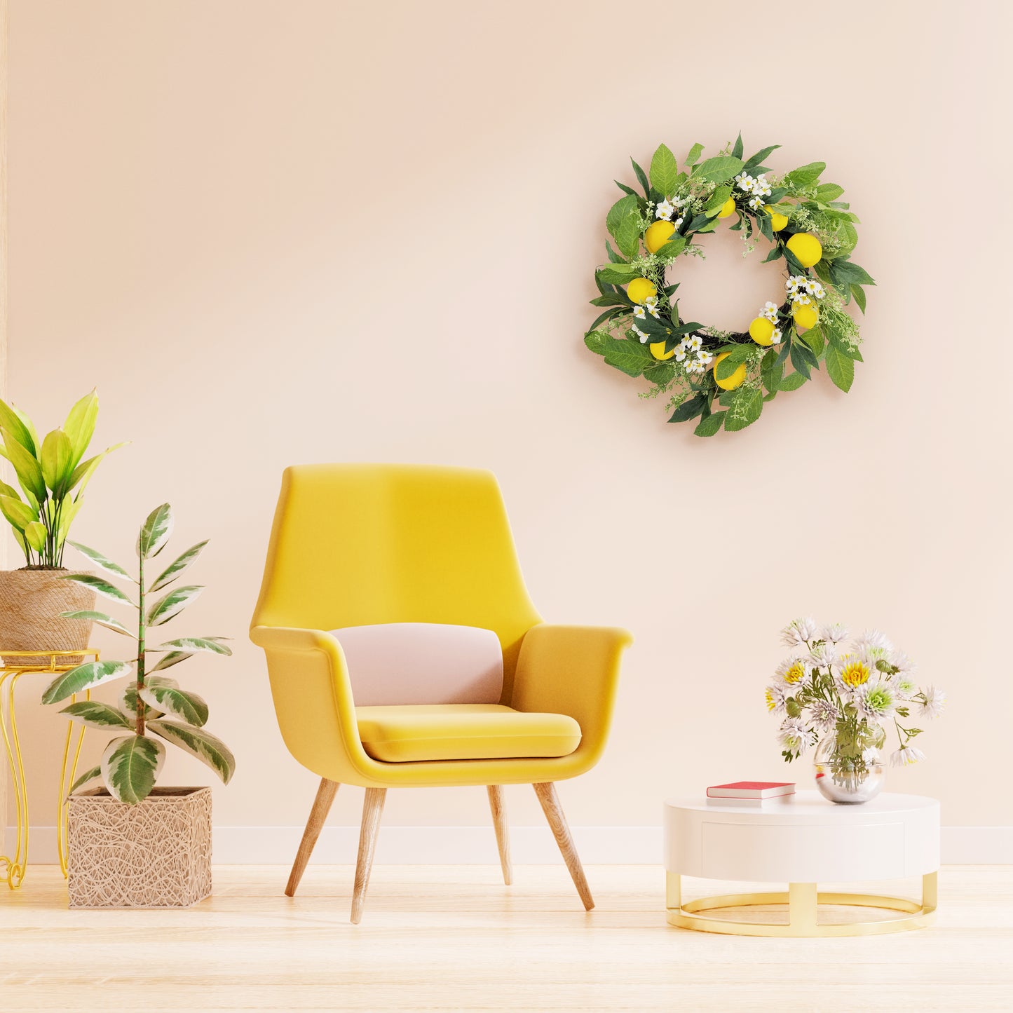 Puleo International 24" Artificial Daisy Floral Spring Door Wreath with Lemons