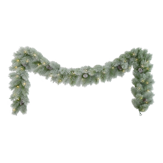9ft x 10" Pre-lit B/O Flocked Garland, 76 Branch Tips, 40 Warm White LED Lights, Pinecones