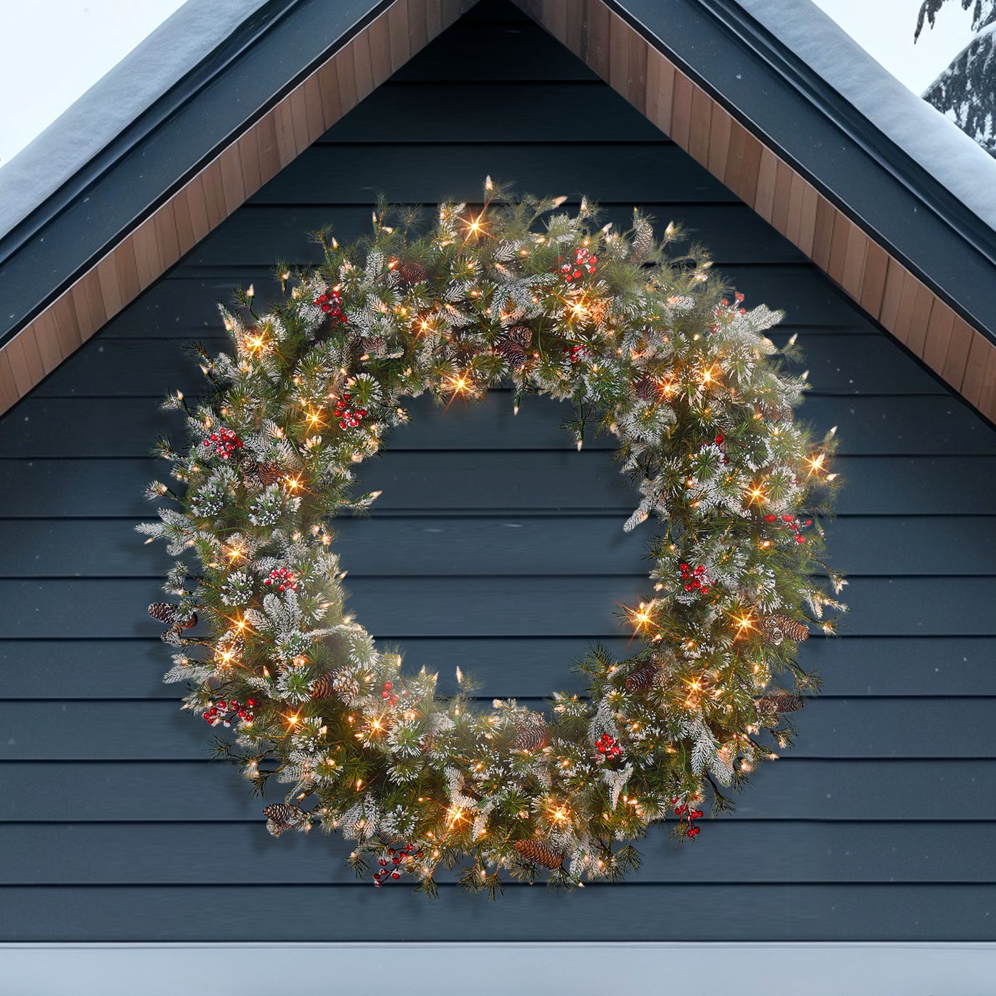 48 in Pre-Lit Glittery PE/PVC Wreath, 560 Tips, Pine Cones, Berries, 250 UL Clear Lights