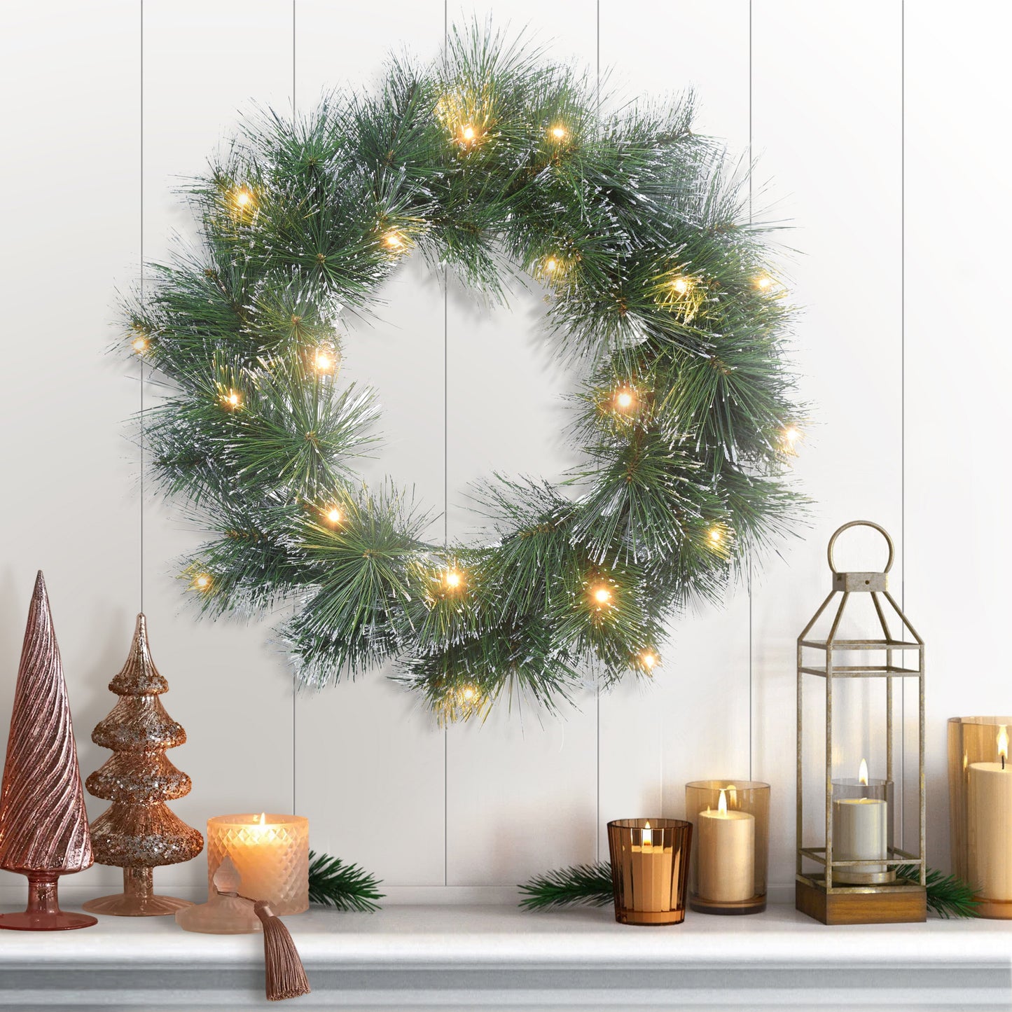 24 in Pre-lit Glittery Wreath, 50 Tips, 50 B/O Warm White LED Lights (3 x AA batteries not included), On/Off Timer Function