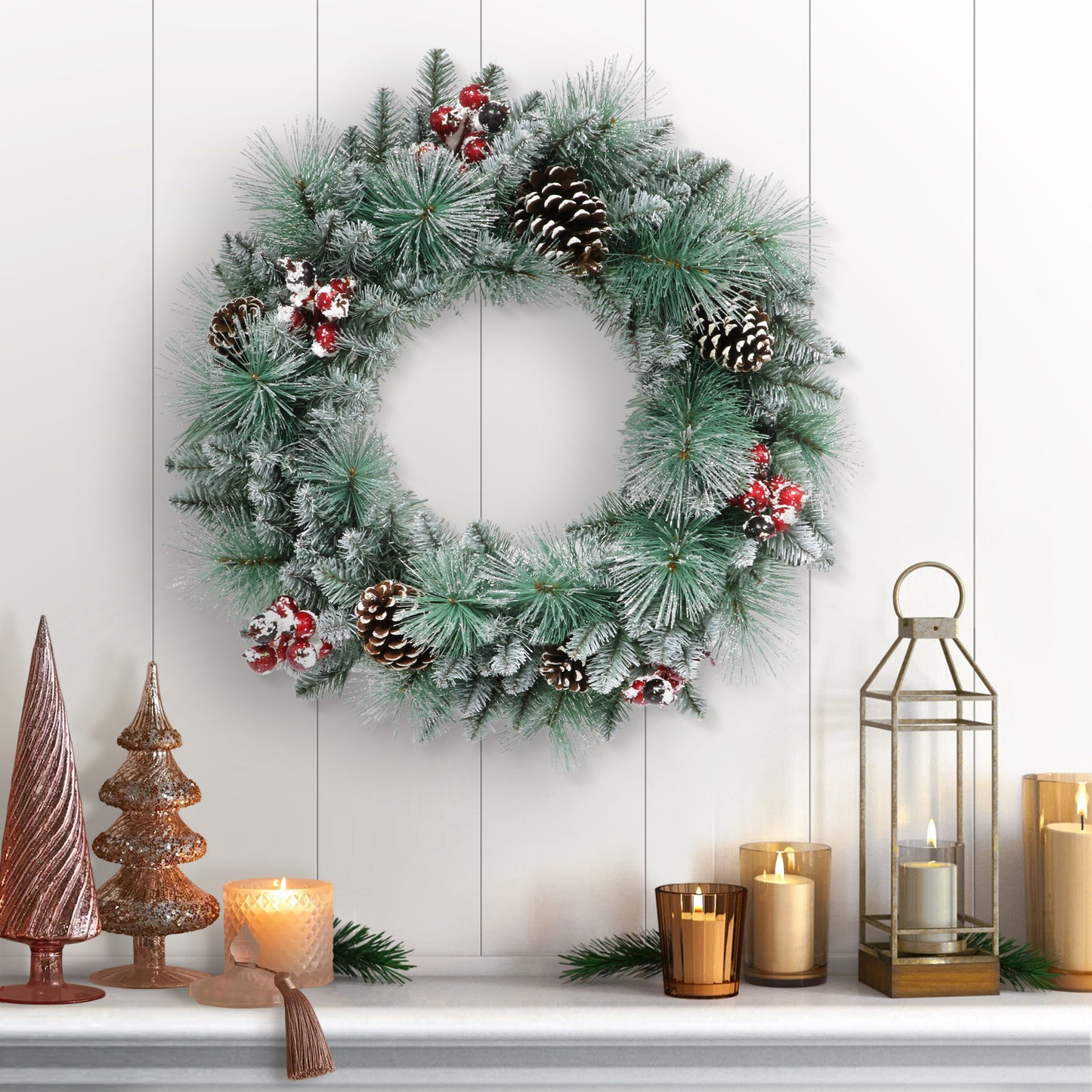 24 in Sterling Spruce Wreath with White Frosted Branch Tips and Sliver Glitter Accents Pinecones and Red Berries Indoor/Outdoor Use Blue/Green