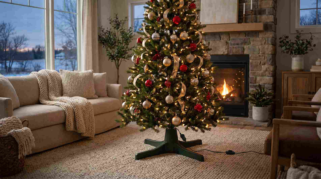 Best Rotating Christmas Tree Stand: Buyer's Guide - Puleo artificial product styled in a home setting