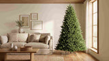 An artificial Christmas tree sized to a living room ceiling