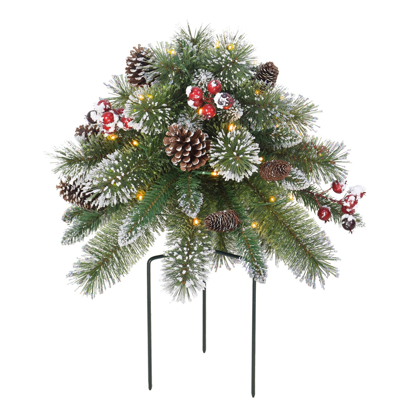 18" Snowy Urn Filler, 48 Tips, 35 B/O Warm White LED Lights (3 x AA batteries not included), On/Off Timer Function, Pine Cones & Berries