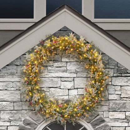 60 in Pre-Lit Glittery PE/PVC Wreath, 700 Tips, Pine Cones, Berries, 300 UL Clear Lights