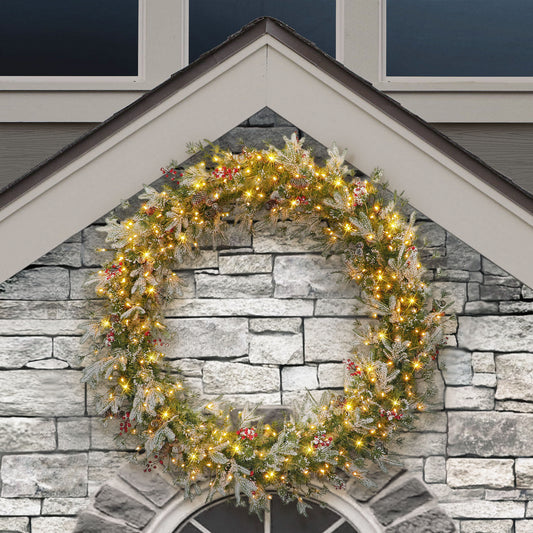 60 in Pre-Lit Glittery PE/PVC Wreath, 700 Tips, Pine Cones, Berries, 300 UL Clear Lights