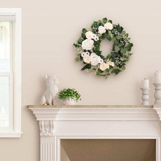 24" Artificial Rose,Camellia,babysbreath Floral Spring Wreath With Green Leaves