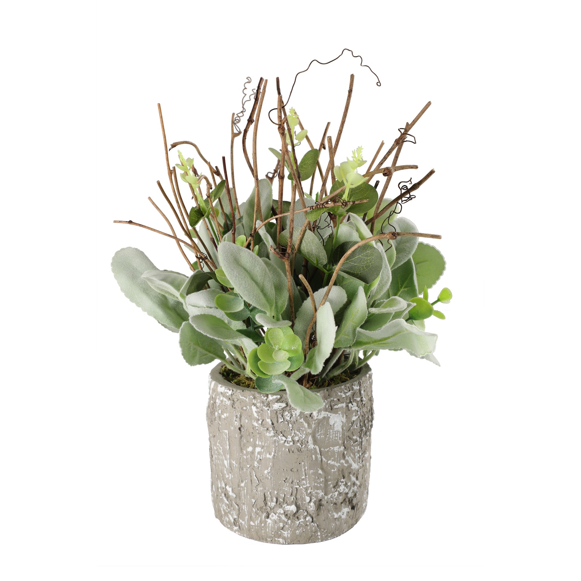 faux lambs ear potted plant 11" Lambs Ear Potted Plant With Twig & Greenery Leaves , Cement Pot