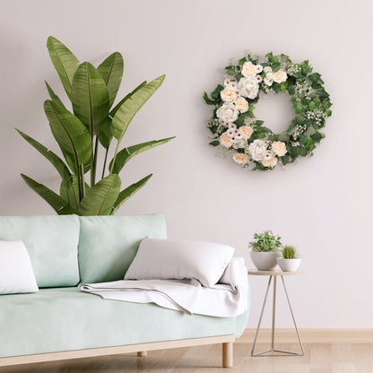 30" Artificial Rose,Camellia,babysbreath Floral Spring Wreath With Green Leaves