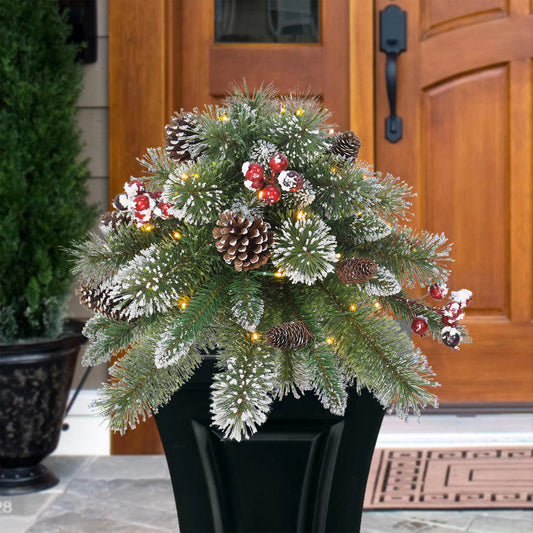 18" Snowy Urn Filler, 48 Tips, 35 B/O Warm White LED Lights (3 x AA batteries not included), On/Off Timer Function, Pine Cones & Berries