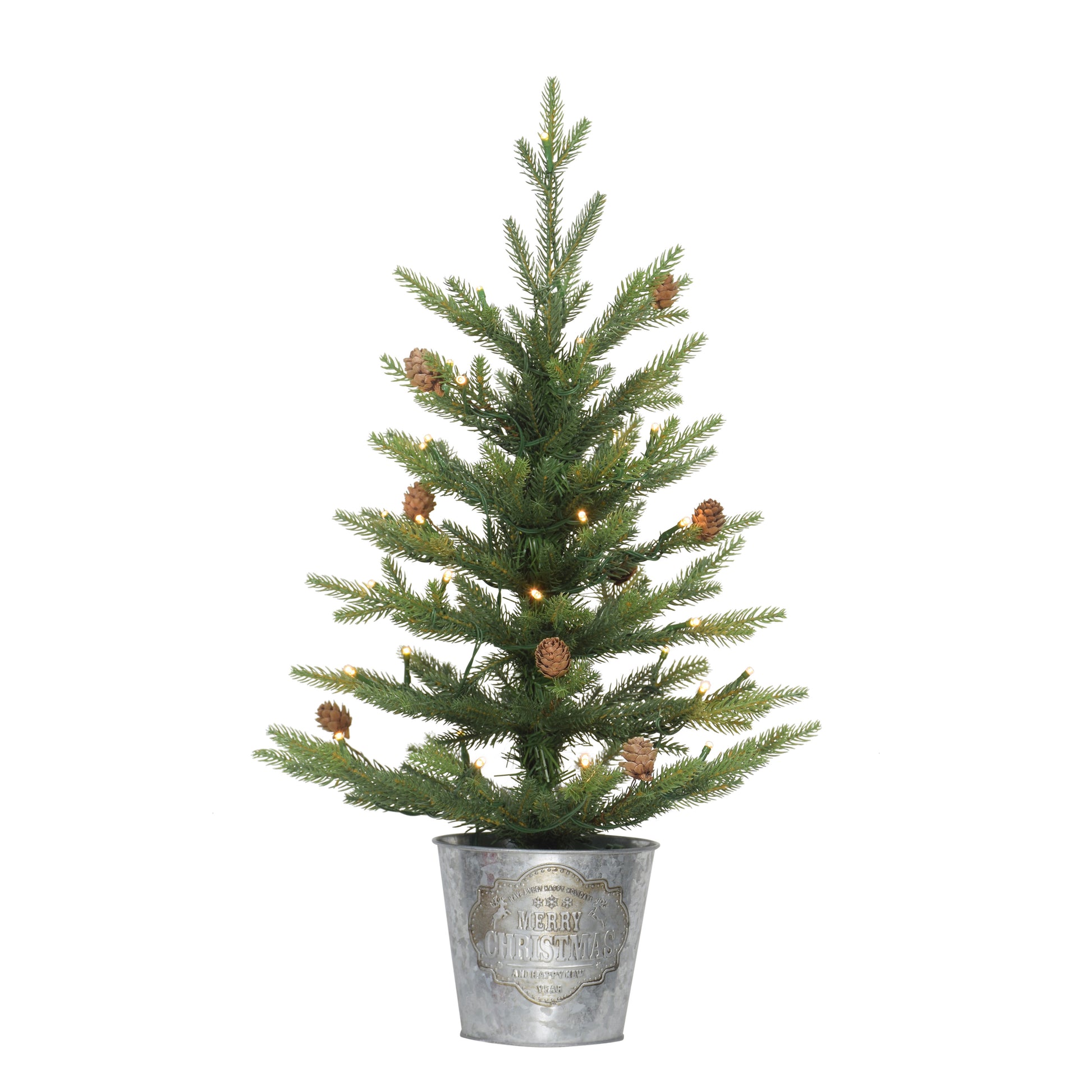 artificial christmas tree in plant pot Puleo International Pre-Lit 2' Table Top Artificial Christmas Tree with 35 Lights in Metal Pot, Green