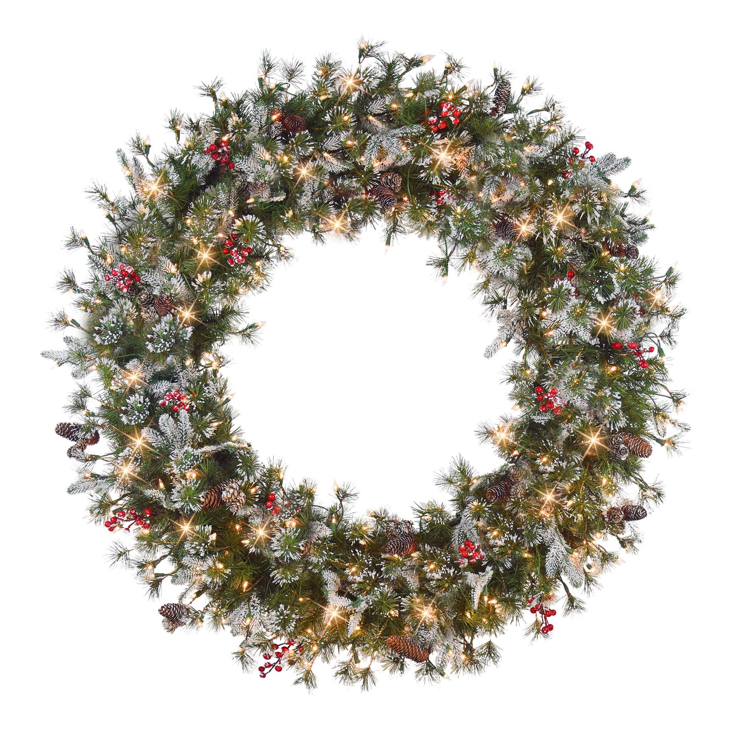 48 in Pre-Lit Glittery PE/PVC Wreath, 560 Tips, Pine Cones, Berries, 250 UL Clear Lights