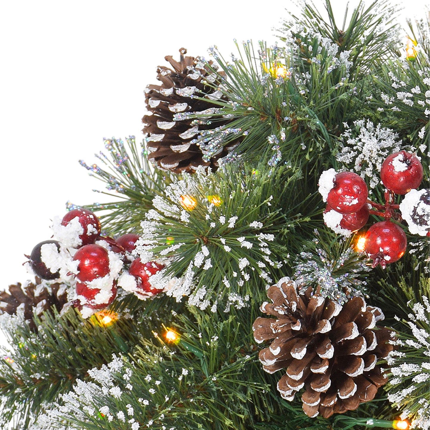 18" Snowy Urn Filler, 48 Tips, 35 B/O Warm White LED Lights (3 x AA batteries not included), On/Off Timer Function, Pine Cones & Berries