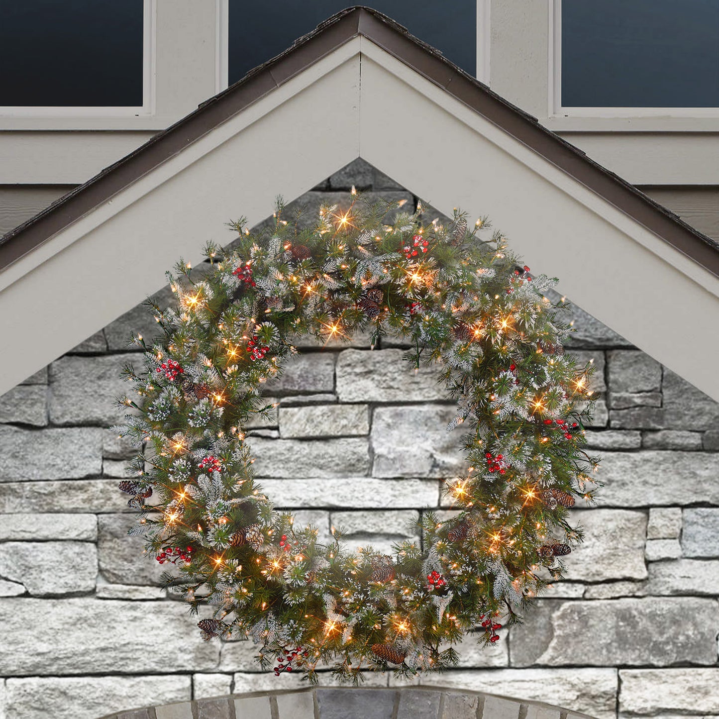 48 in Pre-Lit Glittery PE/PVC Wreath, 560 Tips, Pine Cones, Berries, 250 UL Clear Lights