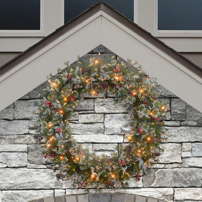 48 in Pre-Lit Glittery PE/PVC Wreath, 560 Tips, Pine Cones, Berries, 250 UL Clear Lights