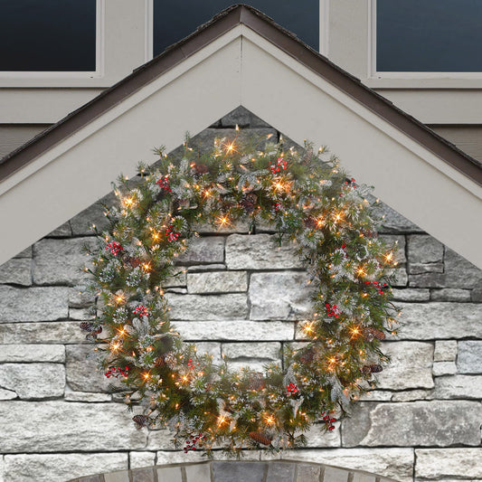 48 in Pre-Lit Glittery PE/PVC Wreath, 560 Tips, Pine Cones, Berries, 250 UL Clear Lights