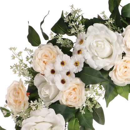 30" Artificial Rose,Camellia,babysbreath Floral Spring Wreath With Green Leaves