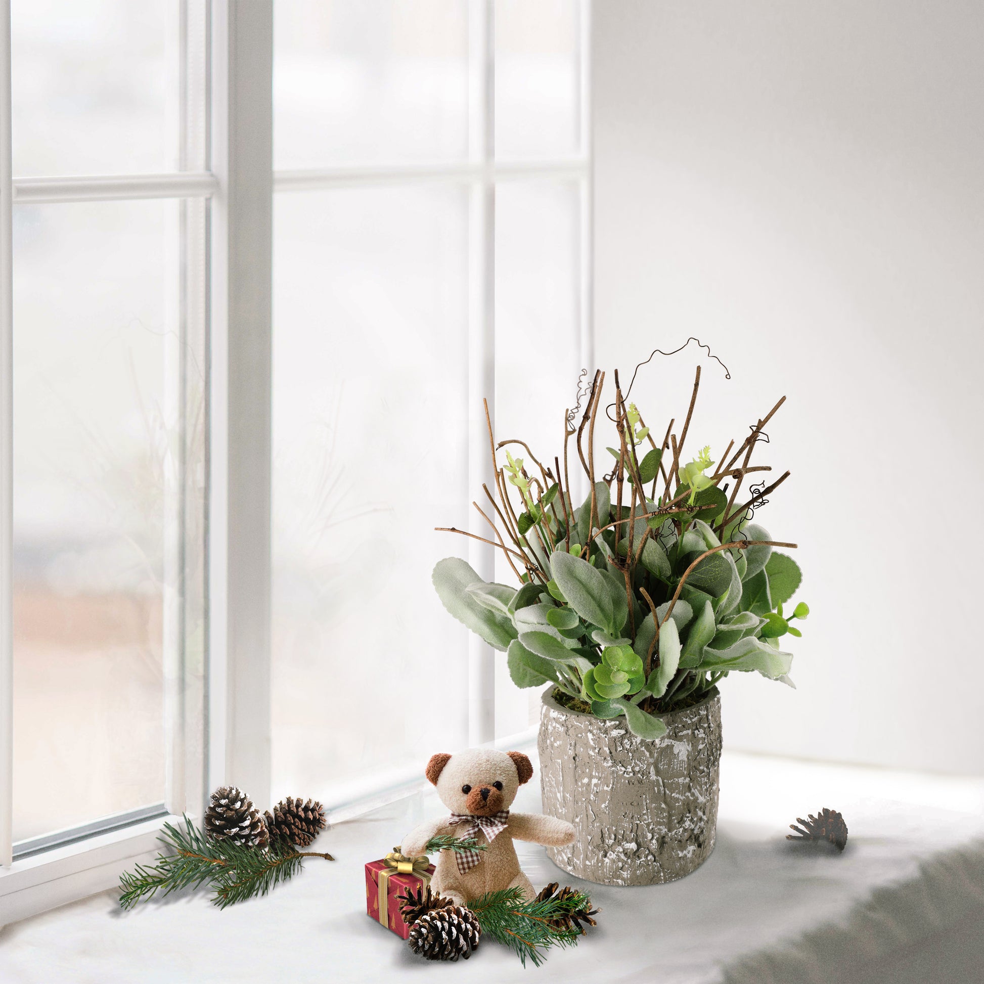 faux lambs ear potted plant 11" Lambs Ear Potted Plant With Twig & Greenery Leaves , Cement Pot